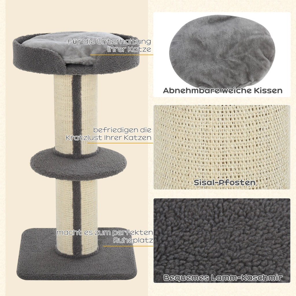 Tiragraffi per gatti, albero tiragraffi stabile con piattaforma, in sisal, portata 30 kg, grigio, per gioco attivo e relax.