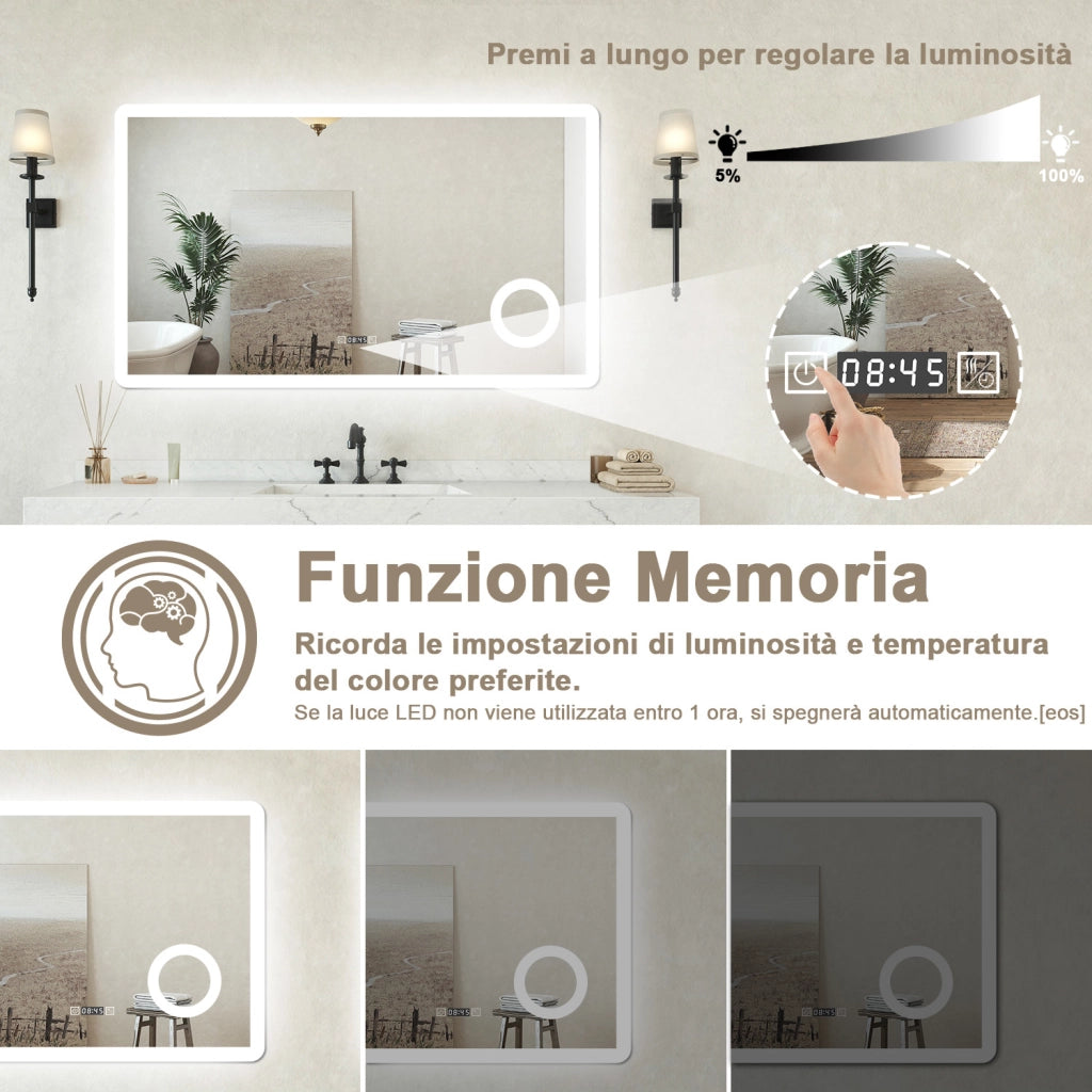 Specchio bagno Rettangolare 120x70cm Led Con 3 Luci + 3X Lente d'ingrandimento + Orologio + Antiappannamento