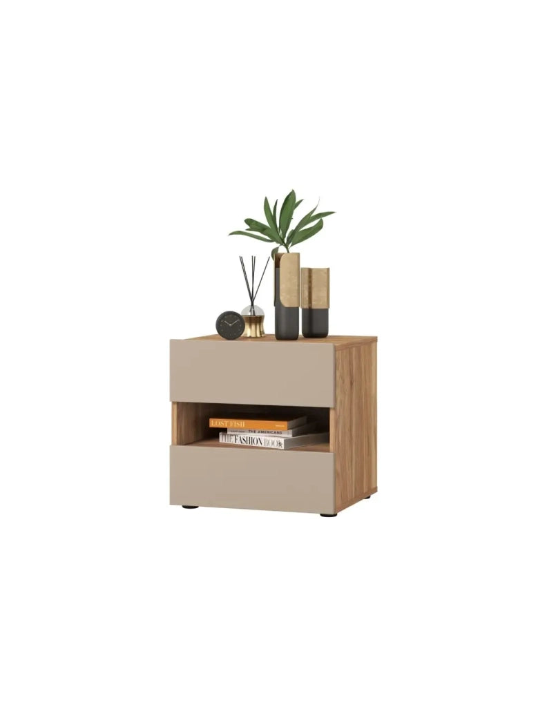 Comodino VOX con 2 cassetti e uno scomparto, colore quercia e beige