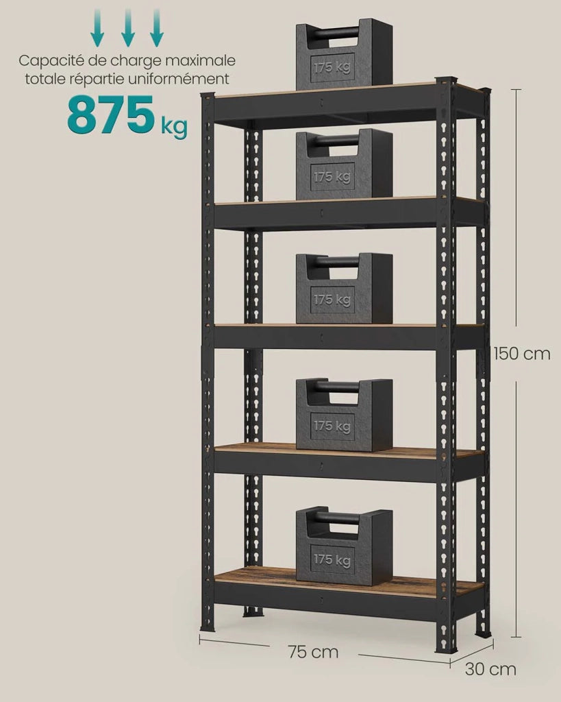 Scaffale per carichi pesanti scaffale portaoggetti scaffale da cucina 5 ripiani 30 x 75 x 150 cm portata 875 kg per cantina garage ufficio nero 12_0005791