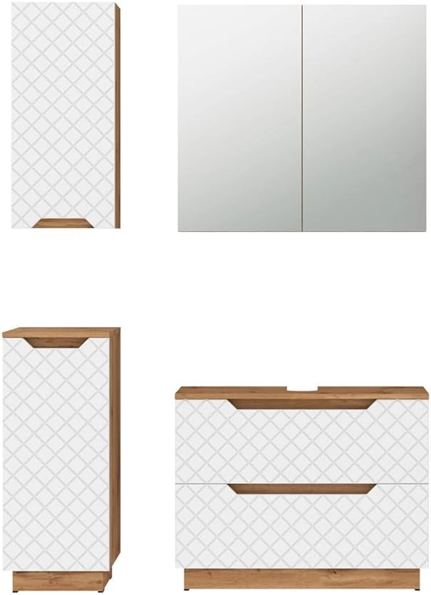 Set di mobili da bagno Lotta, Rovere/bianco con struttura in piastrelle, 4 parti