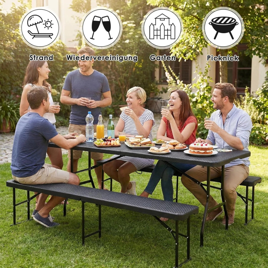 Set Tenda da Birra da 3 Pezzi 180cm in Plastica HDPE, Set di Mobili da Giardino 1 Tavolo e 2 pcs Panche Pieghevoli, Set Birreria con Manico di Trasporto, per Campeggio Picnic Esterno, Ottica in Rattan