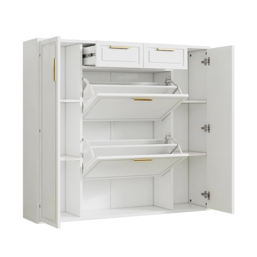 Scarpiera con 2 cassetti, ripiani regolabili e vani aperti, in MDF e truciolare, per ingresso, bianco, 120 × 24 × 107 cm