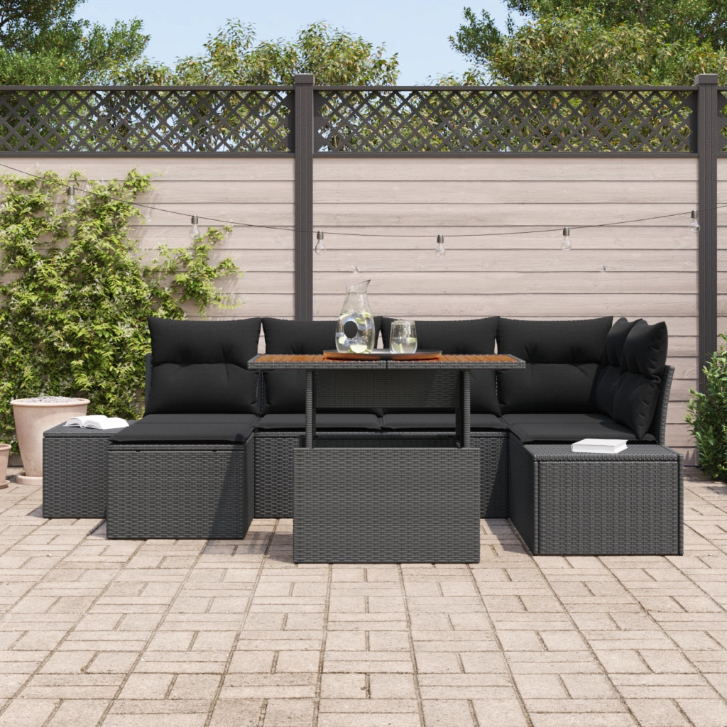 Set da pranzo da giardino 7 pezzi con cuscini in polyrattan nero e acacia