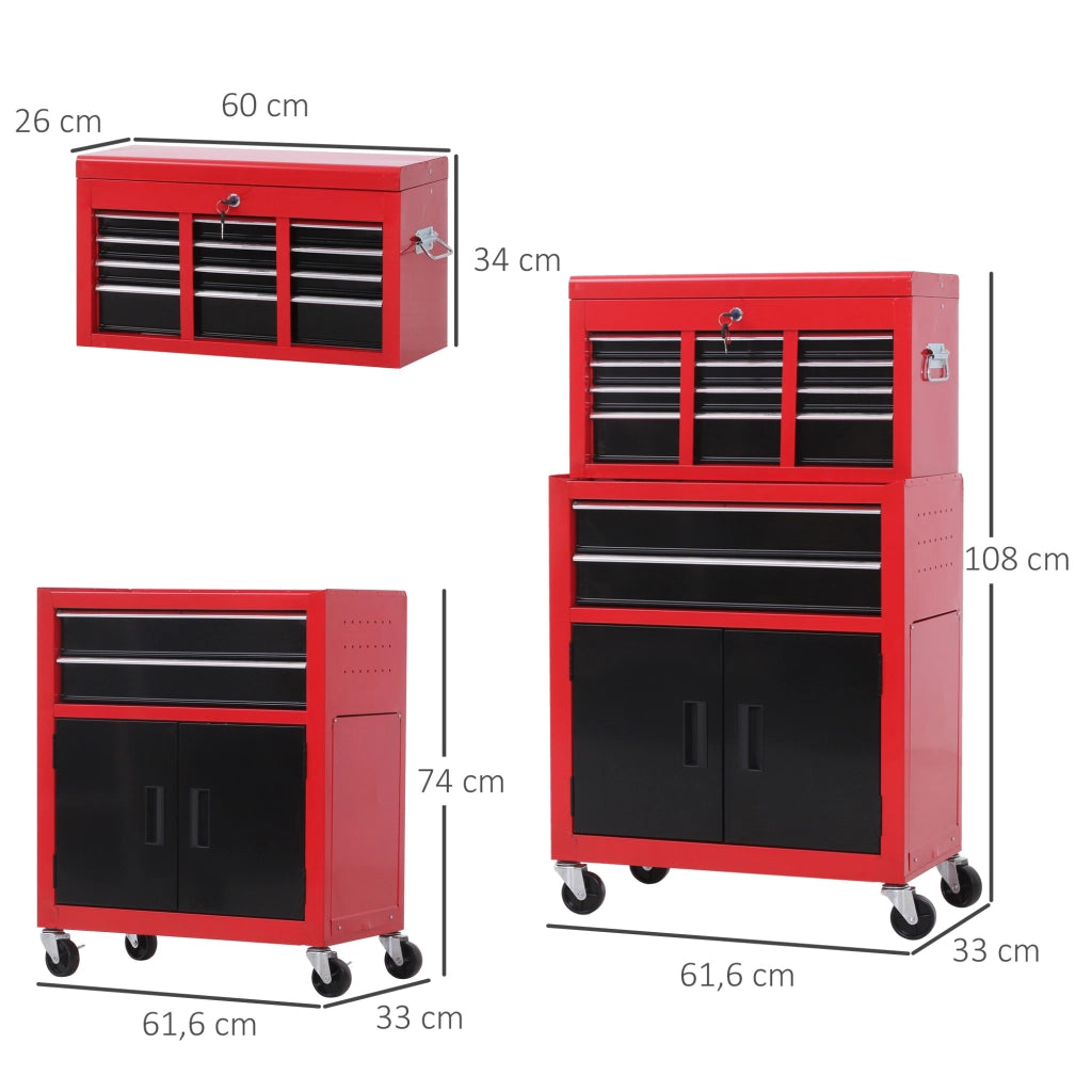 Carrello per attrezzi con cassettiera e cassone mobile ¨C Zephmum ¨C Acciaio rosso e nero