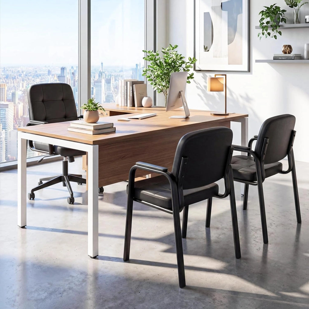 Set di 2 Sedie Scrivania, Sedie da Ufficio senza Ruote, con Braccioli Imbottiti e Schienale Ergonomico, Struttura in Metallo Resistente, per Sala Riunioni, Studio, Portata 150 kg