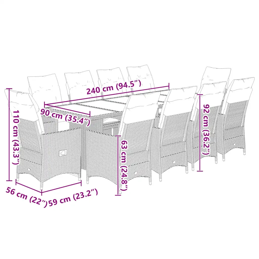 Set BistrÃ² da Giardino 11 pz con Cuscini in Polyrattan Beige