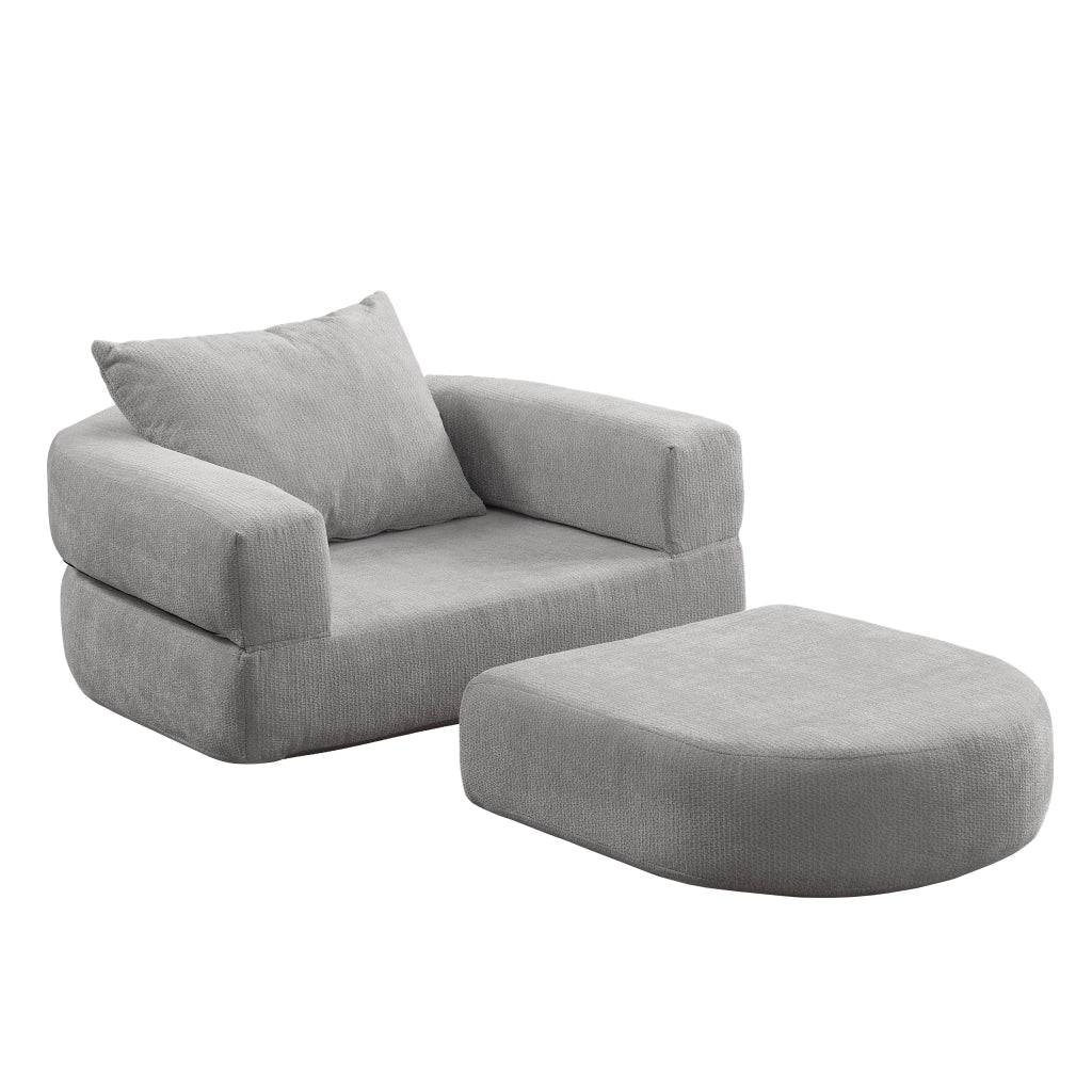 Divano modulare sezionale in chenille grigio chiaro, componibile e salvaspazio per soggiorno
