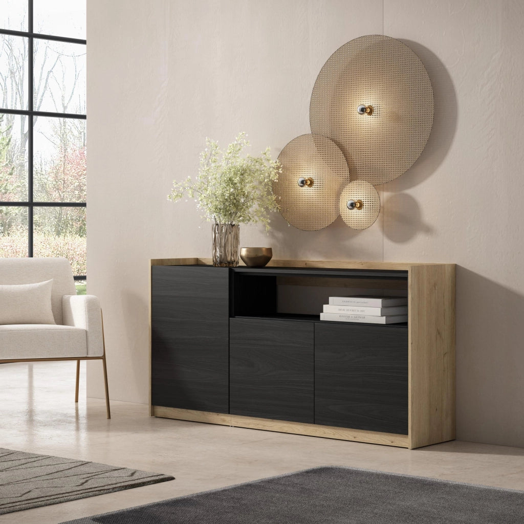 Credenza, Mobile, Cucina, 156x80x37 cm, 3 Porte, grande stoccaggio, Nero e rovere