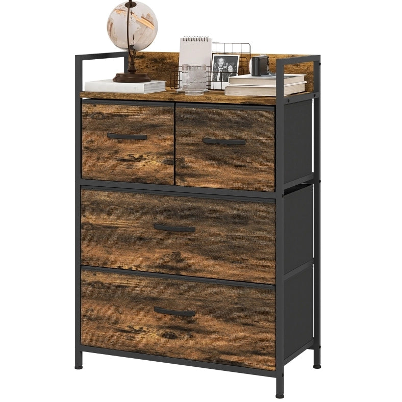 Cassettiera ULEVR 60x29x85 cm con 4 cassetti in tessuto e ripiano superiore, marrone rustico e nero