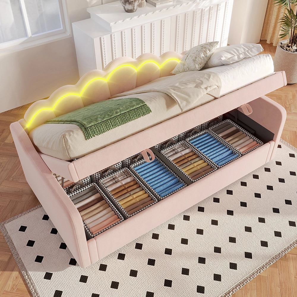 Letto giorno idraulico 90x200cm - Xylo - rosa, LED, spazio ripostiglio