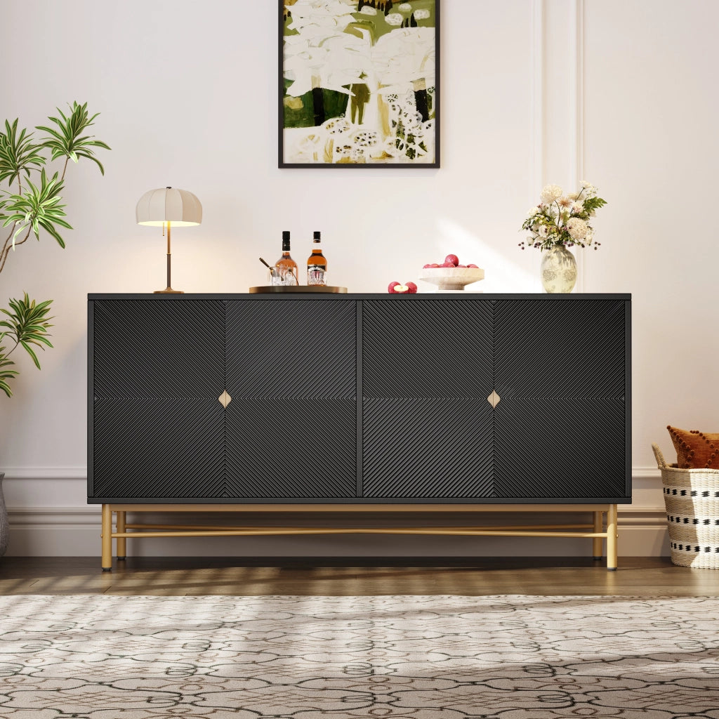 Credenza e madia con 4 ante e chiusura soft-close, dettagli dorati, per soggiorno, nera, 160 × 40 × 82 cm