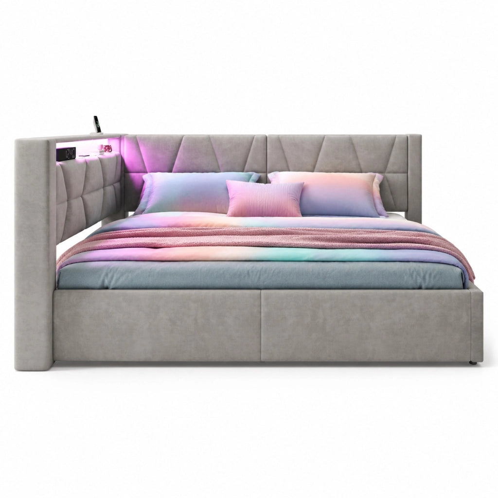 Letto per bambini 90x200 cm con vano contenitore idraulico; LED; USB e Type-C; velluto grigio scuro