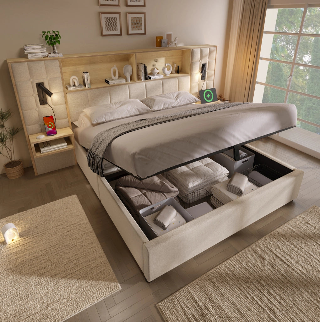 Letto contenitore 160x200 beige con LED, USB-C e comodini