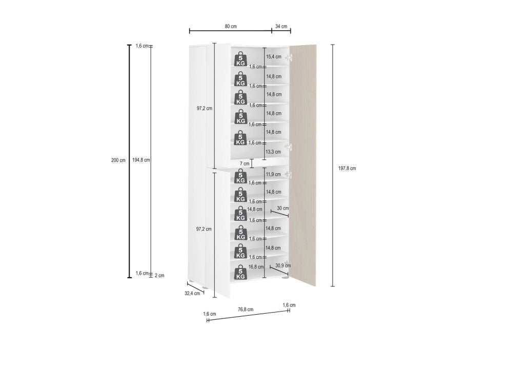 Palasio, Armadio Multiuso Grande 10 Ripiani Made in Italy, 80x200h cm Bianco Lucido