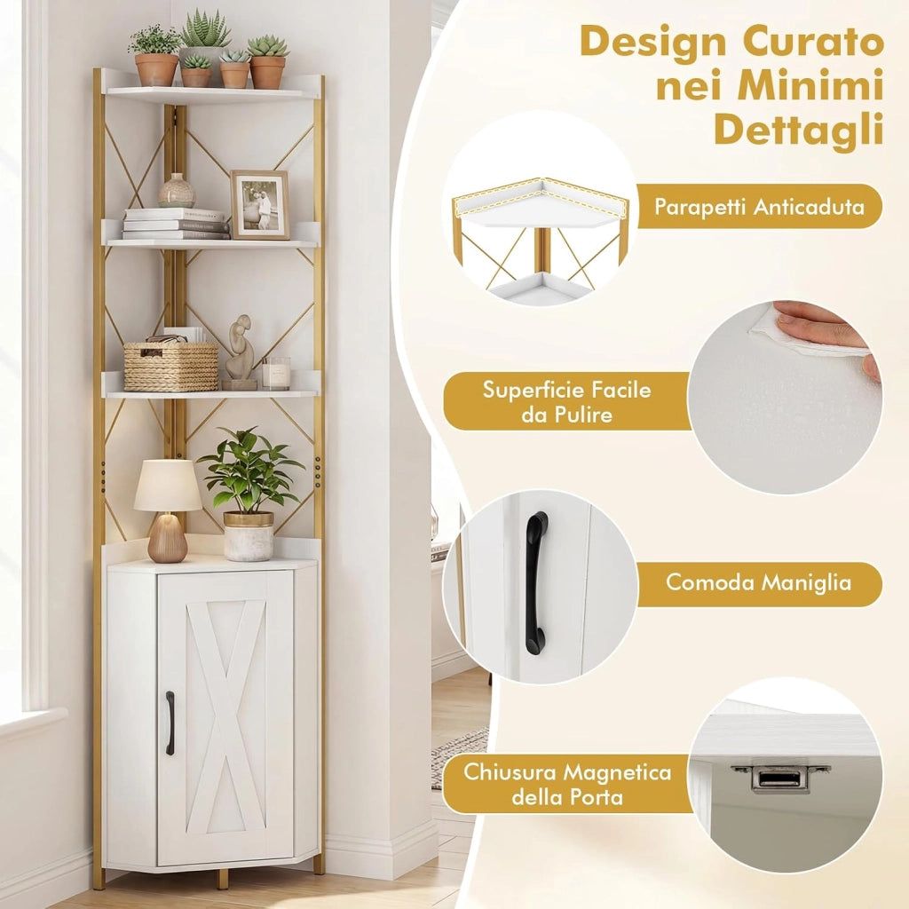 Libreria a 5 Ripiani, Mensola ad Angolo con Spazio di Archiviazione, Armadio ad Angolo con Paraspigoli Anticaduta, Autoportante, con 2 Kit Antiribaltamento, 38 x 38 x 180 cm (Bianco)
