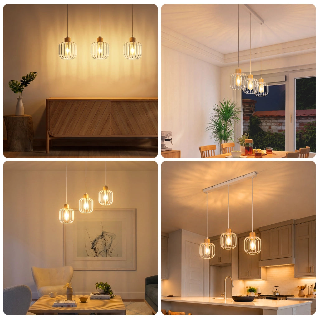 ZMH Lampada a Sospensione 3 Luci Bianco Legno E27 Moderna per Cucina Soggiorno Camera Isola Senza Lampadina
