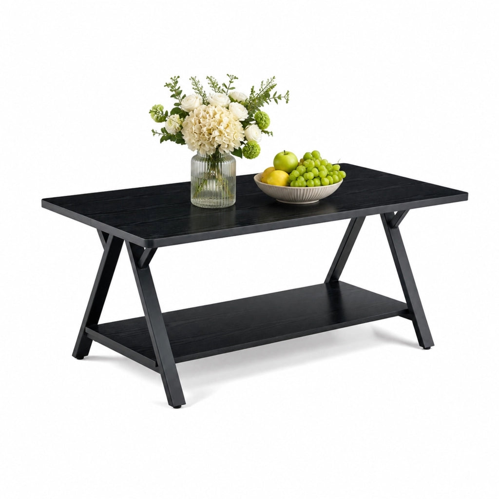 Tavolino da caffè industriale con ripiano; MDF e metallo nero; 110x57x44;5 cm