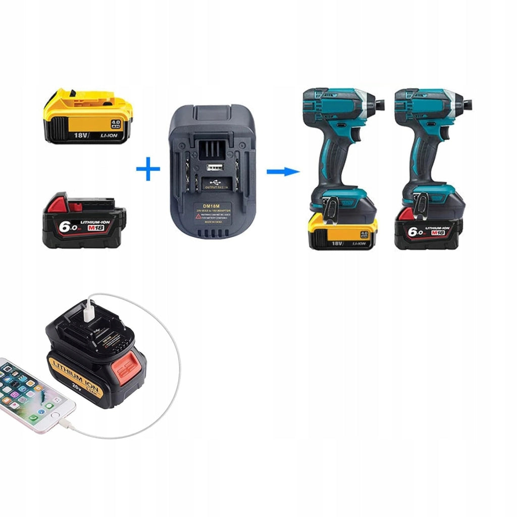 Adattatore Batteria compatibile con Utensili Makita 18V – Per Batterie Dewalt 20V e Milwaukee 18V | Porta USB 5V 2.1A