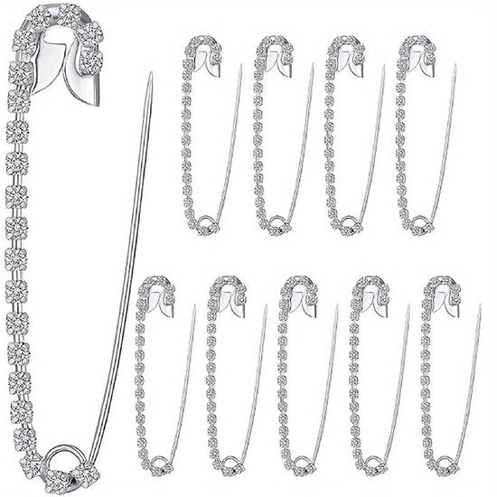 Accessori per abbigliamento sicuri 10 pezzi - Spille d'argento - Piastrine con strass - Accessori per abbigliamento - Resistente alla ruggine - Pratici e unici