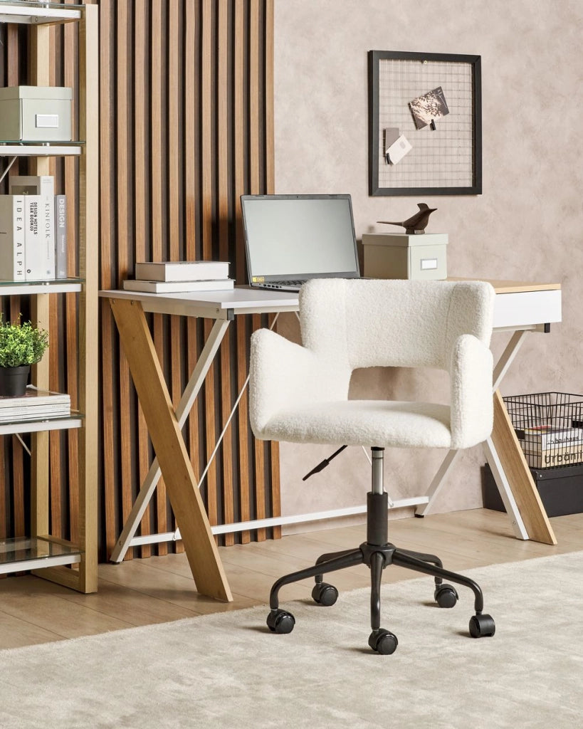 Sedia da scrivania girevole in tessuto boucle regolabile in altezza con schienale imbottito Bianco moderna industriale girevole con rotelle
