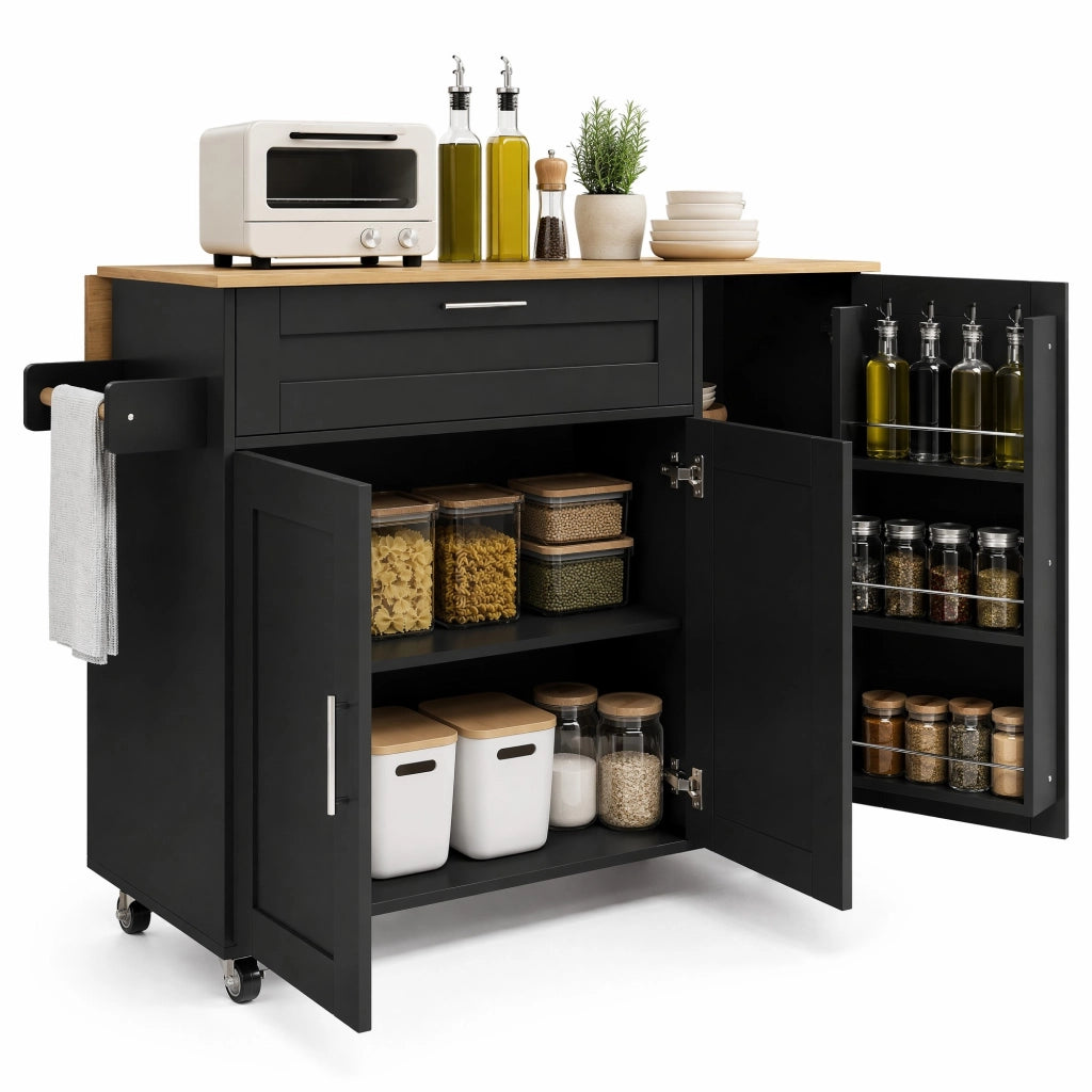 Isola da cucina mobile pieghevole 132;5x44(70)x90 cm in MDF Nero/Naturale