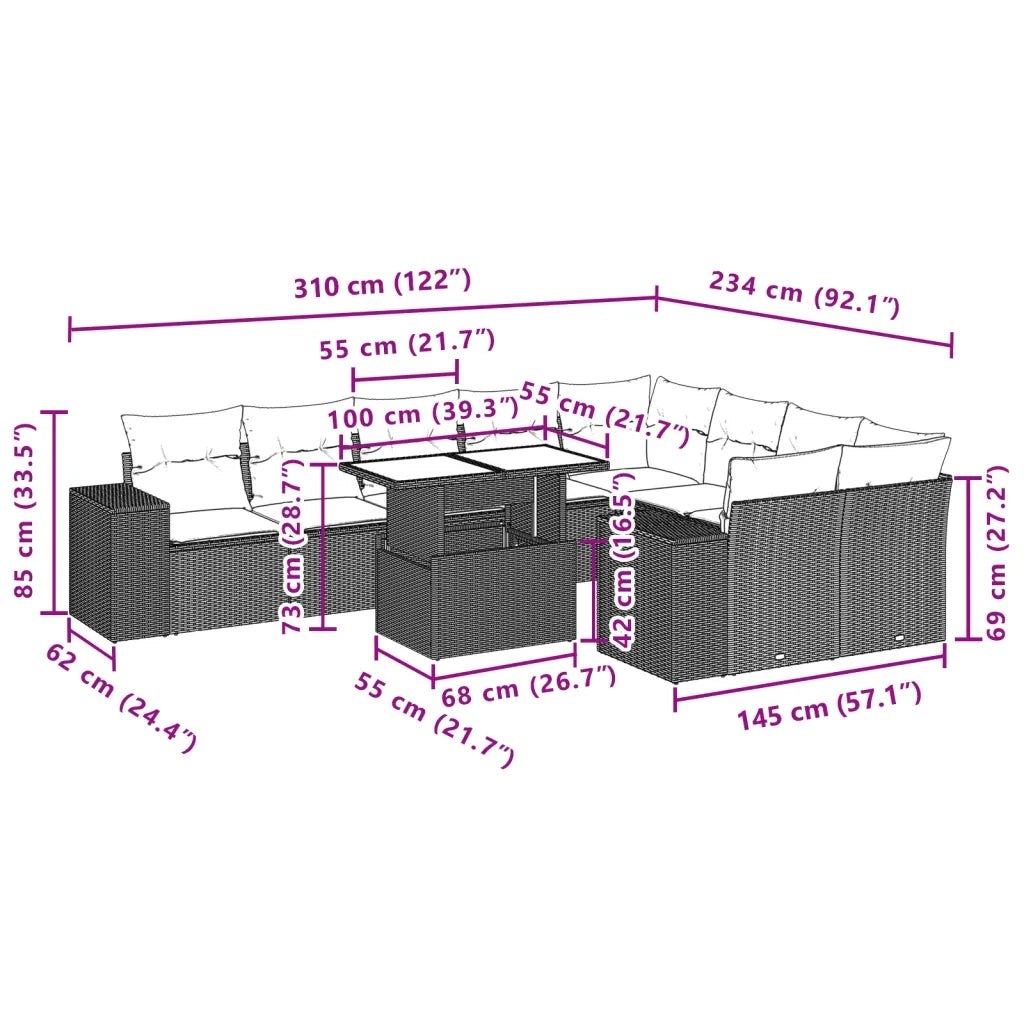 Set Divano da Giardino 10 pz con Cuscini Beige in Polyrattan 3269389