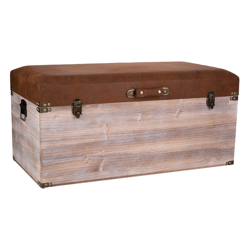 Baule in legno e Sgabello in similpelle marrone 80x40x38h