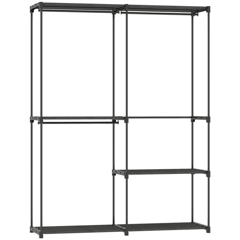ARMADIO GUARDAROBA CON 2 ASTE E 4 RIPIANI, IN TESSUTO NON TESSUTO, PLASTICA E ACCIAIO, 142X43X185 CM, NERO