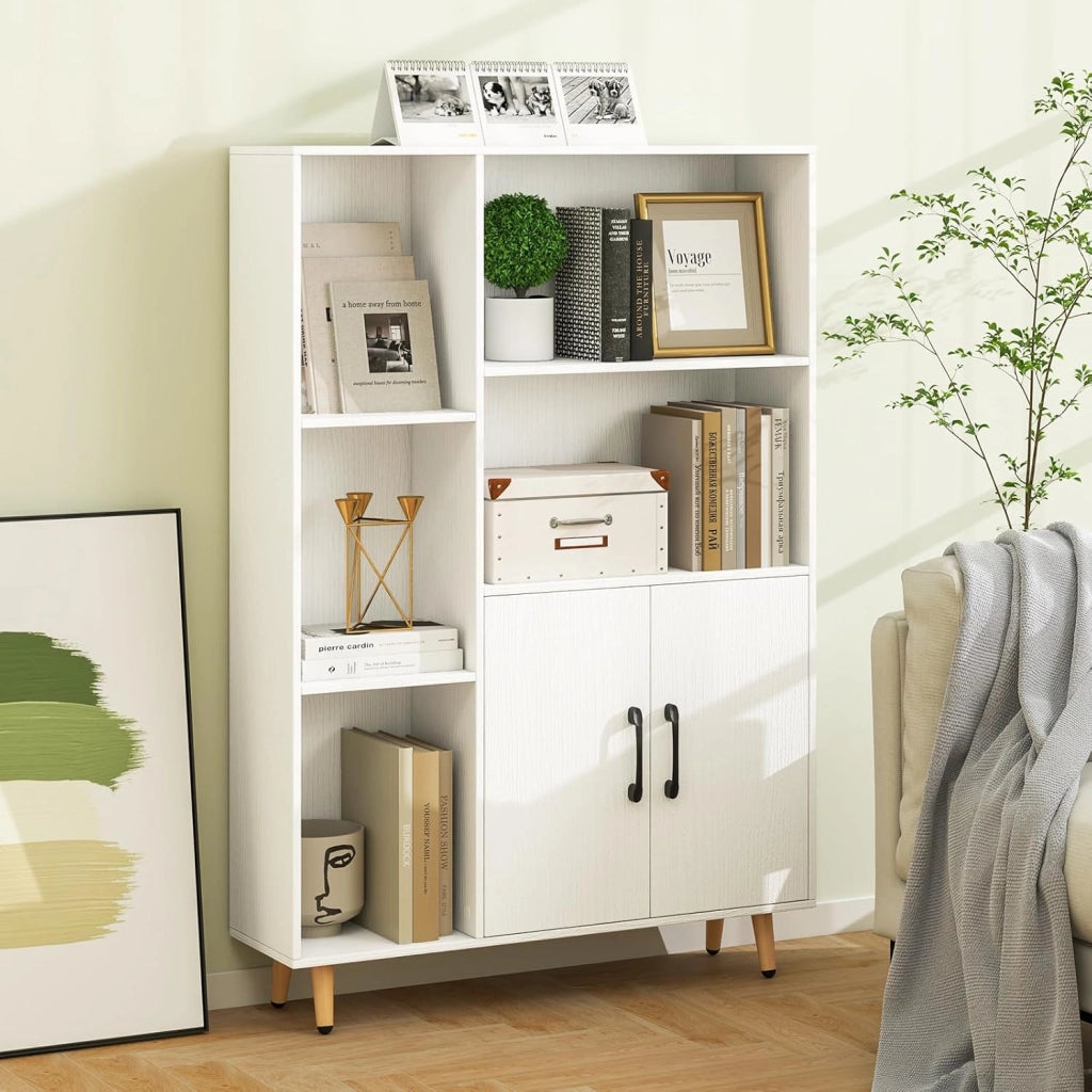 Armadietto da soggiorno, libreria, 2 ante e 5 scomparti aperti, credenza in legno, 80 x 23,5 x 119 cm (Nero)