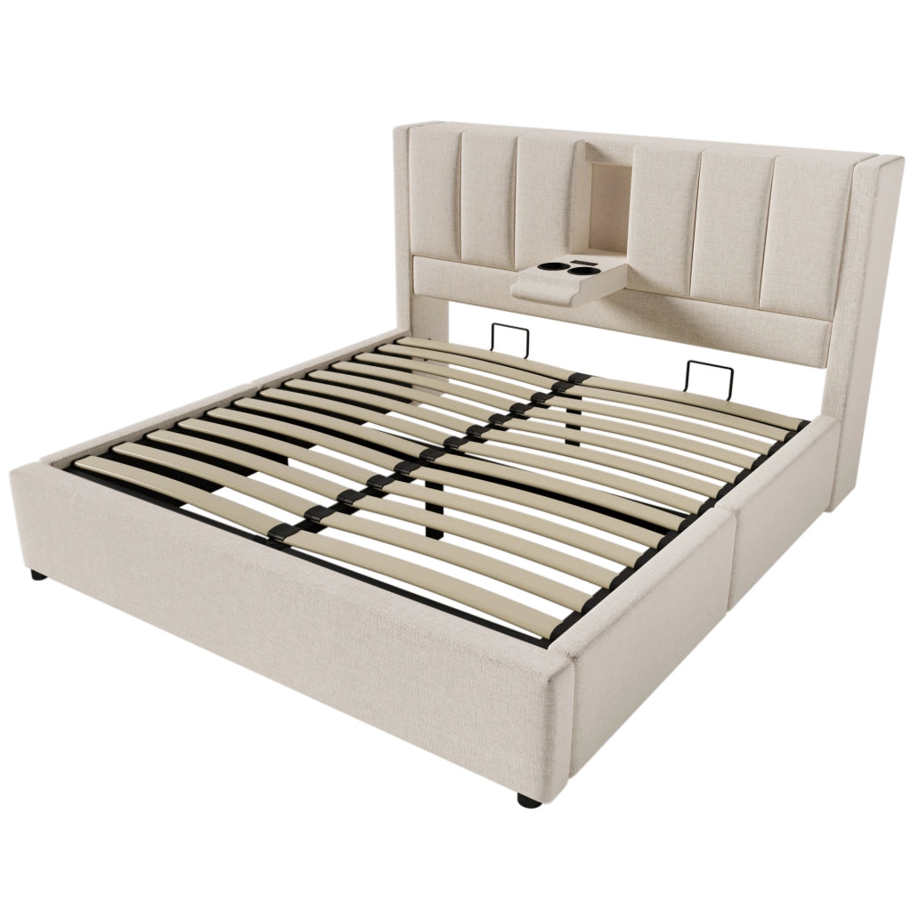 Letto matrimoniale imbottito 160x200 cm con contenitore; porta bicchieri e stazione di ricarica; beige; con materasso
