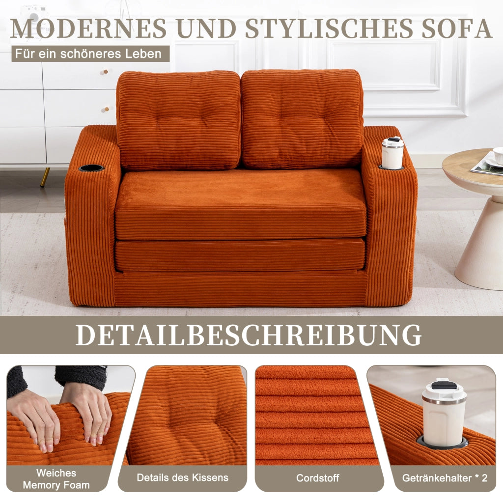 divano modulare 2 posti convertibile con portabicchieri e tasche laterali in velluto a coste arancione 136 Ã— 80 Ã— 82.5 cm