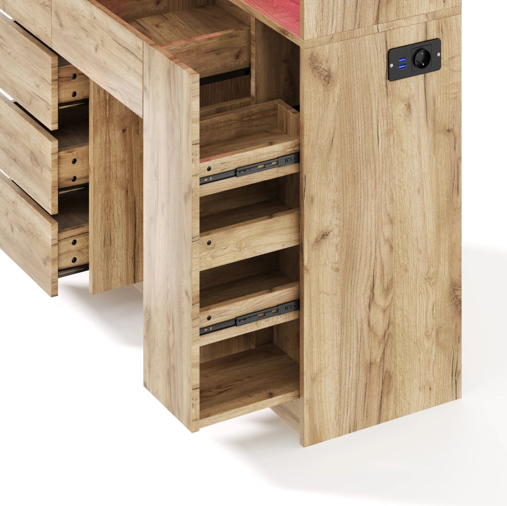 Buffet con LED e ripiani regolabili, 185x105x40 cm, con presa integrata e porta cavi laterale