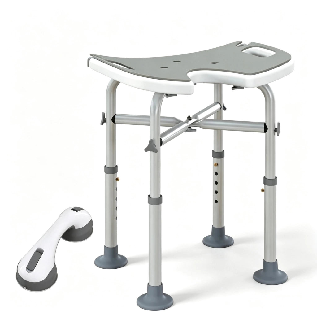 Sgabello doccia regolabile in altezza 39–51,5 cm con ventose e maniglia, grigio