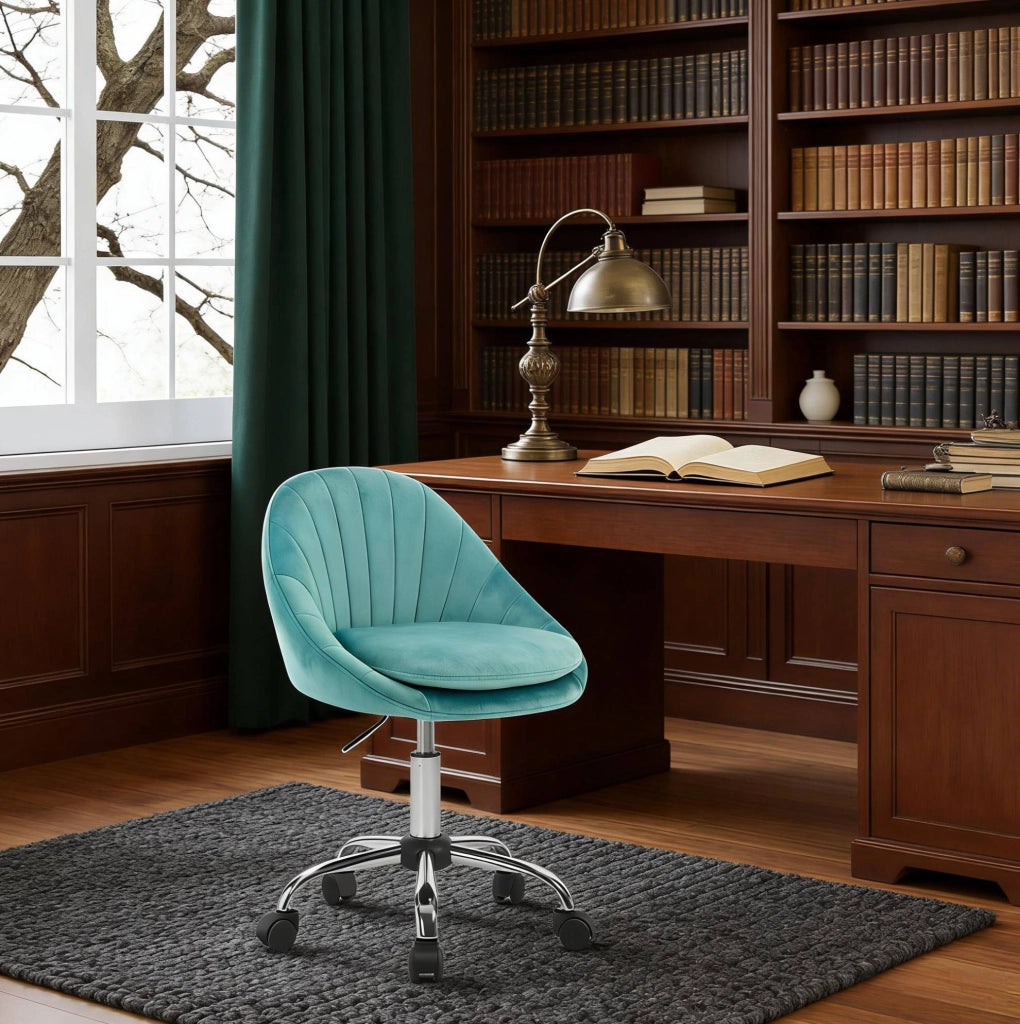 Sedia da ufficio ergonomica turchese in velluto regolabile con ruote