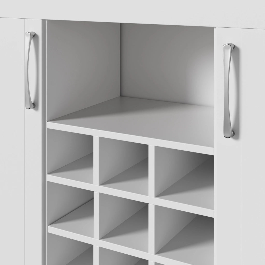Credenza con vetrina e portabottiglie, 2 ante in vetro e ganci, per cucina e sala da pranzo, bianco, 106 × 39 × 175 cm