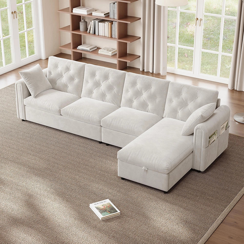 Divano moderno in velluto - Xylo - Angolare con ripostiglio, beige (281cm)