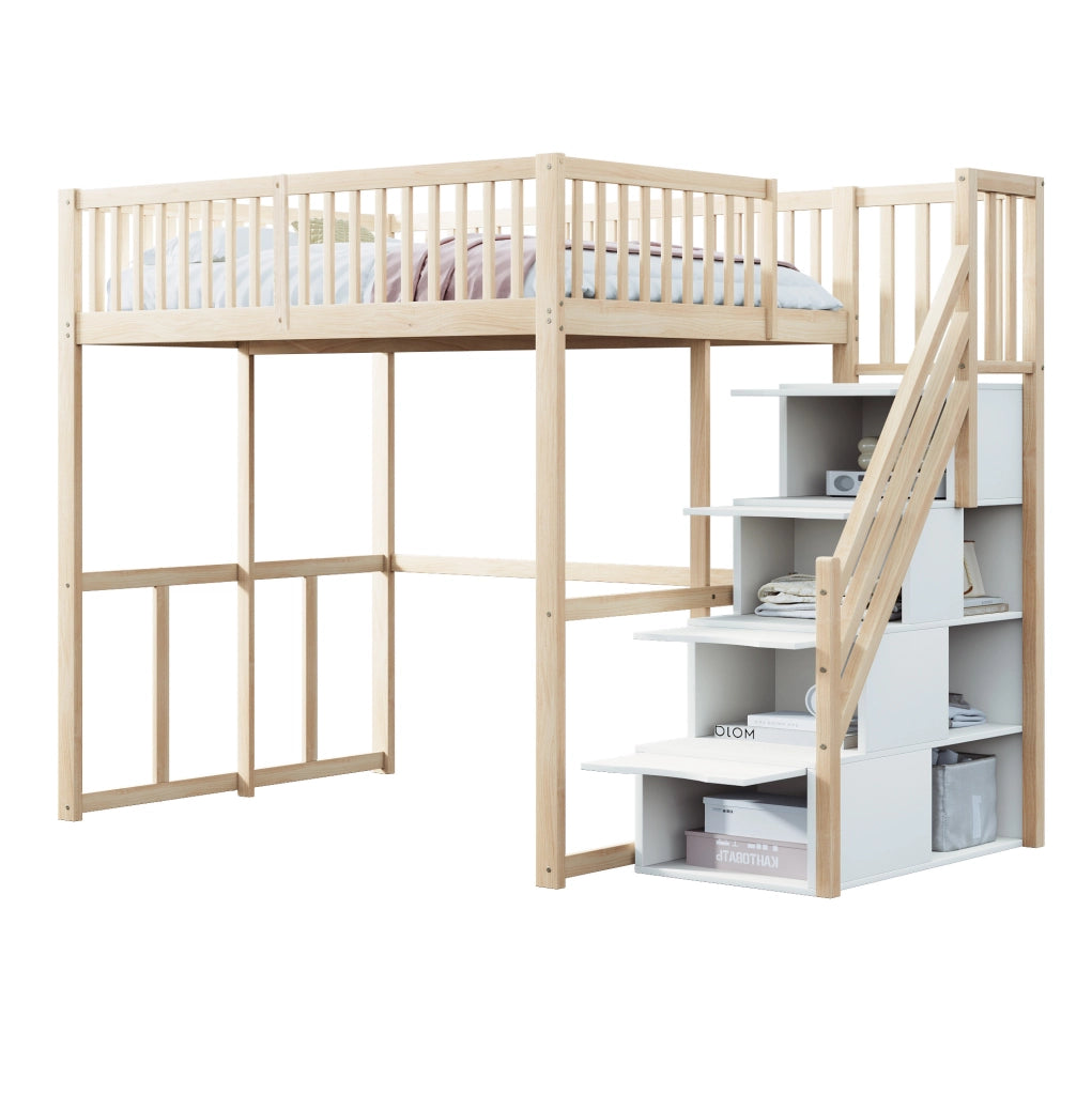 Letto a soppalco 140x200 cm in legno di pino naturale con scala contenitore e sponde di sicurezza