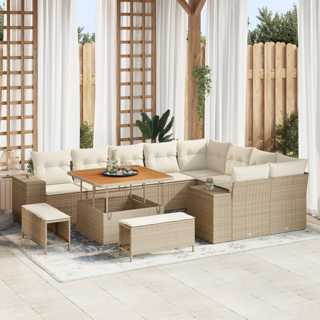 Set Divano da Giardino con Cuscini  da 12 Pezzi Beige Polirattan Acacia