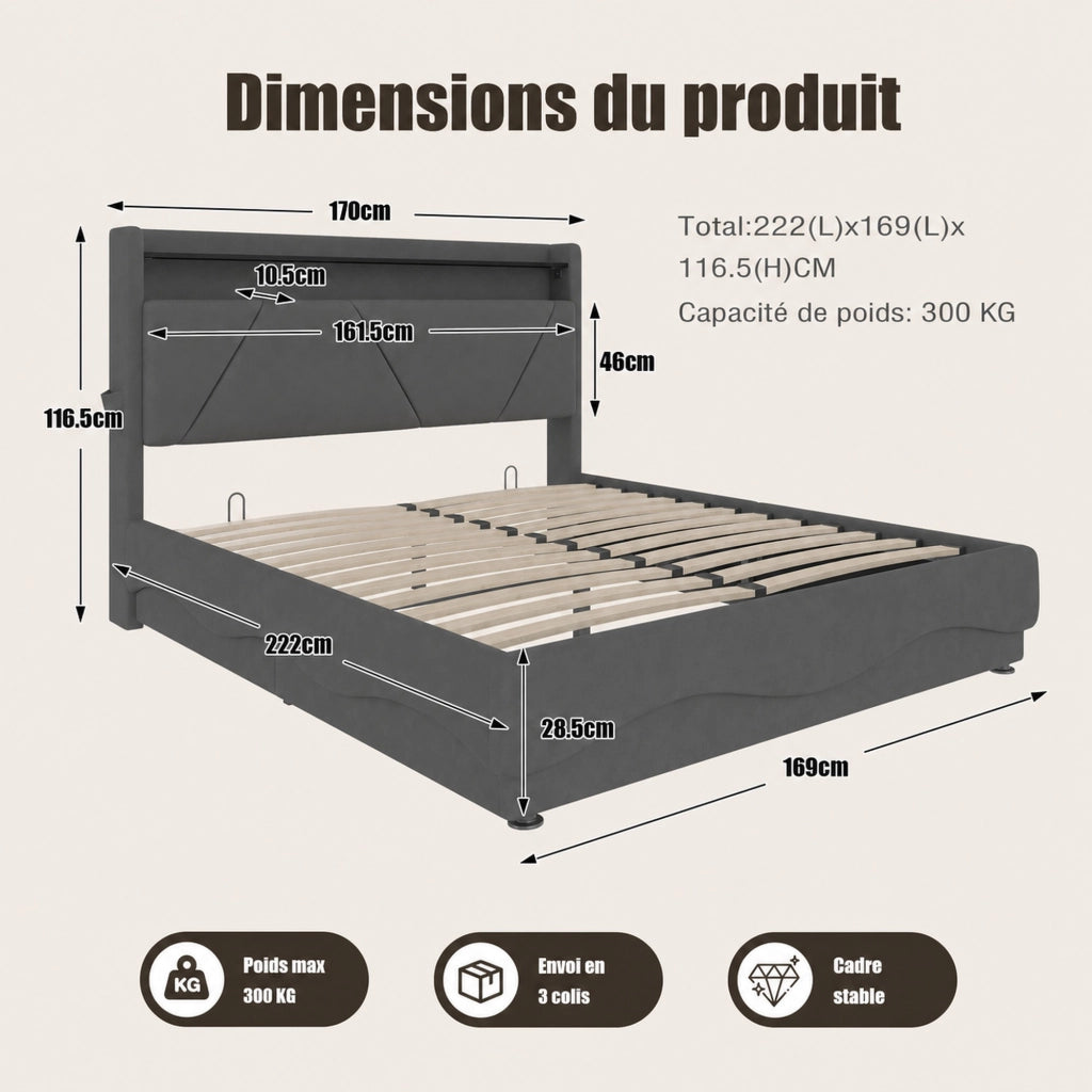 DESMIU Letto contenitore 160 × 200 cm 2 posti con LED, USB e Type-C, vano contenitore, senza materasso, velluto grigio