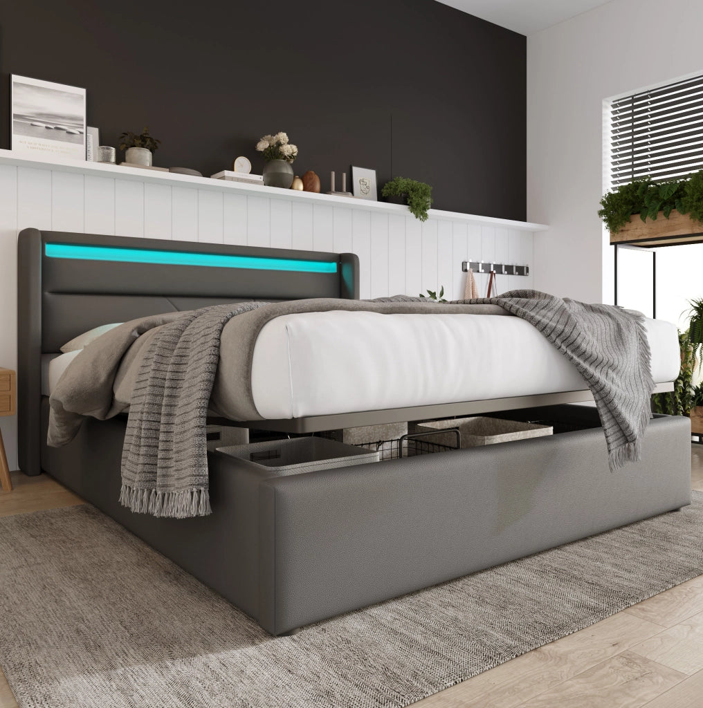 Letto contenitore imbottito 140x200 cm con LED e materasso H3