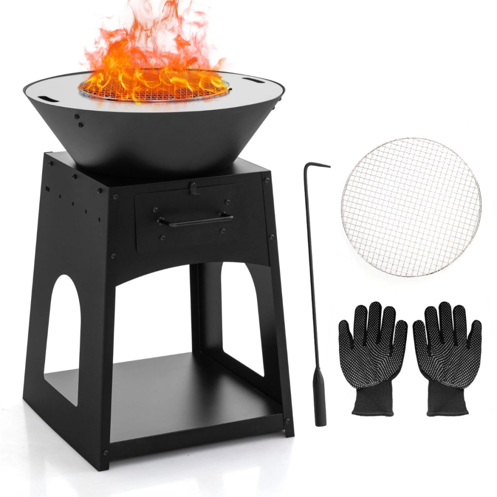 Focolare da esterno con contenitore grill cassetto di cenere e scomparto inferiore, Caminetto a legna da giardino Nero-Bracieri da esterno