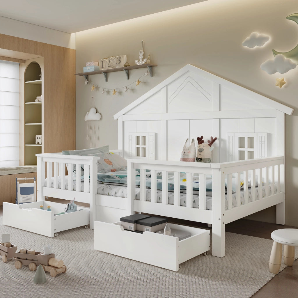 Lettino per bambini 90x200 cm, a forma di casetta, con 2 cassetti su rotelle e sponde di sicurezza, bianco