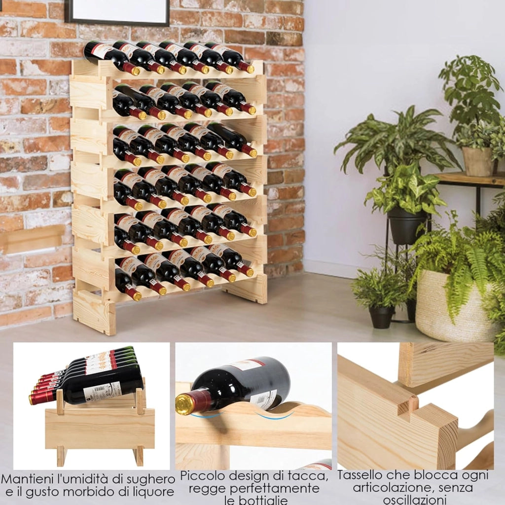 Cantinetta Portabottiglie Vino in Legno di Pino, Portabottiglie per Vino con 6 Ripiani, per 36 Bottiglie, per Cucina, Bar e Cantina (36 Bottiglie)