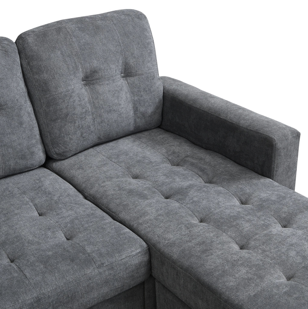 Divano letto angolare 185x135x85 cm; modulare con pouf mobile; LED e USB in chenille grigio antico