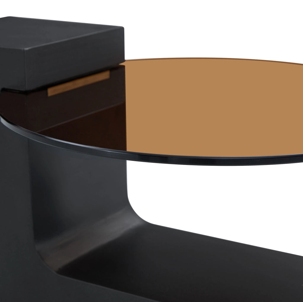 Tavolino da caffè rotondo a due livelli in MDF e vetro; nero e effetto legno; set 61 cm e 44 cm