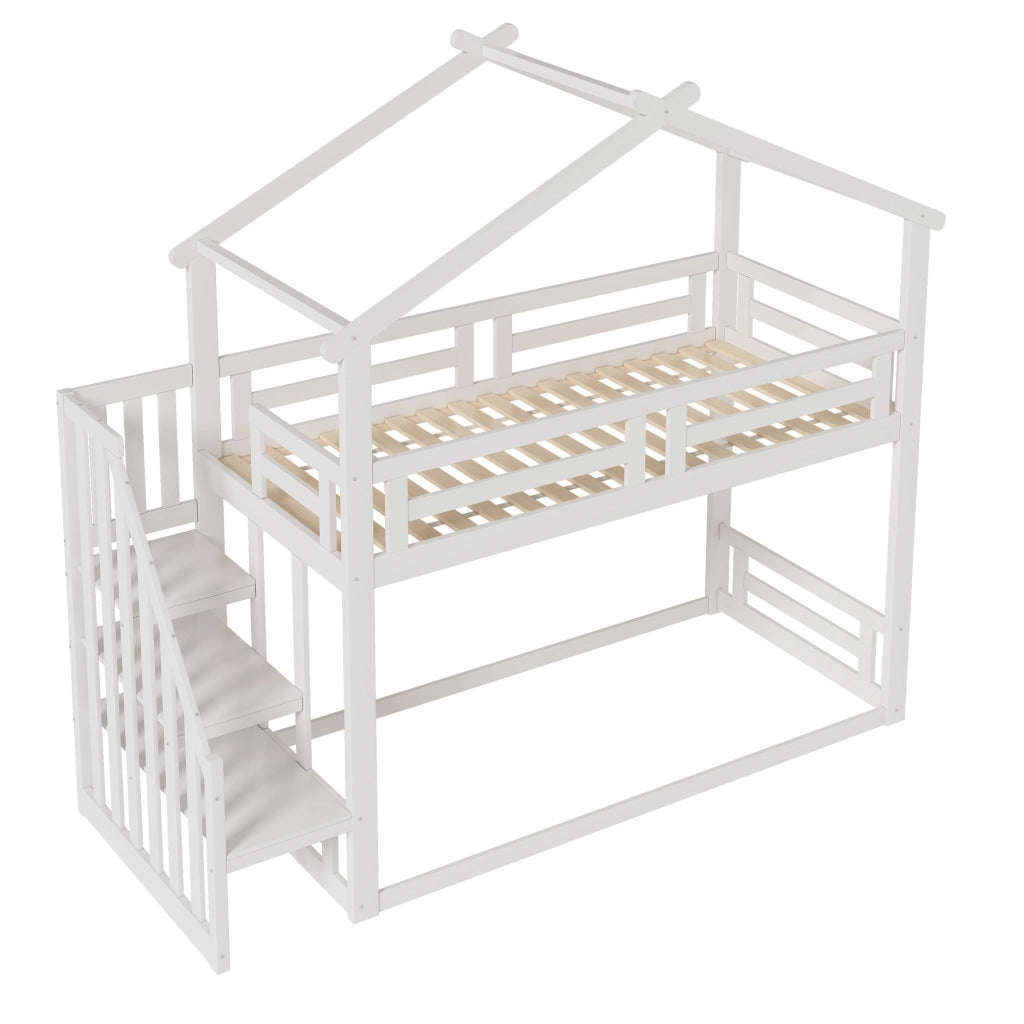 OKWISH Letto a castello 90×200 cm, Letto Singolo con Scala di Sicurezza, Scaffali Contenitori e Sponde, senza Materasso, Bianco
