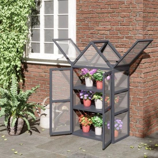 Kas da giardino, 3 strati, contenitore per piante con tetto scorrevole, porta doppia in legno, naturale, 70,5x42x132cm