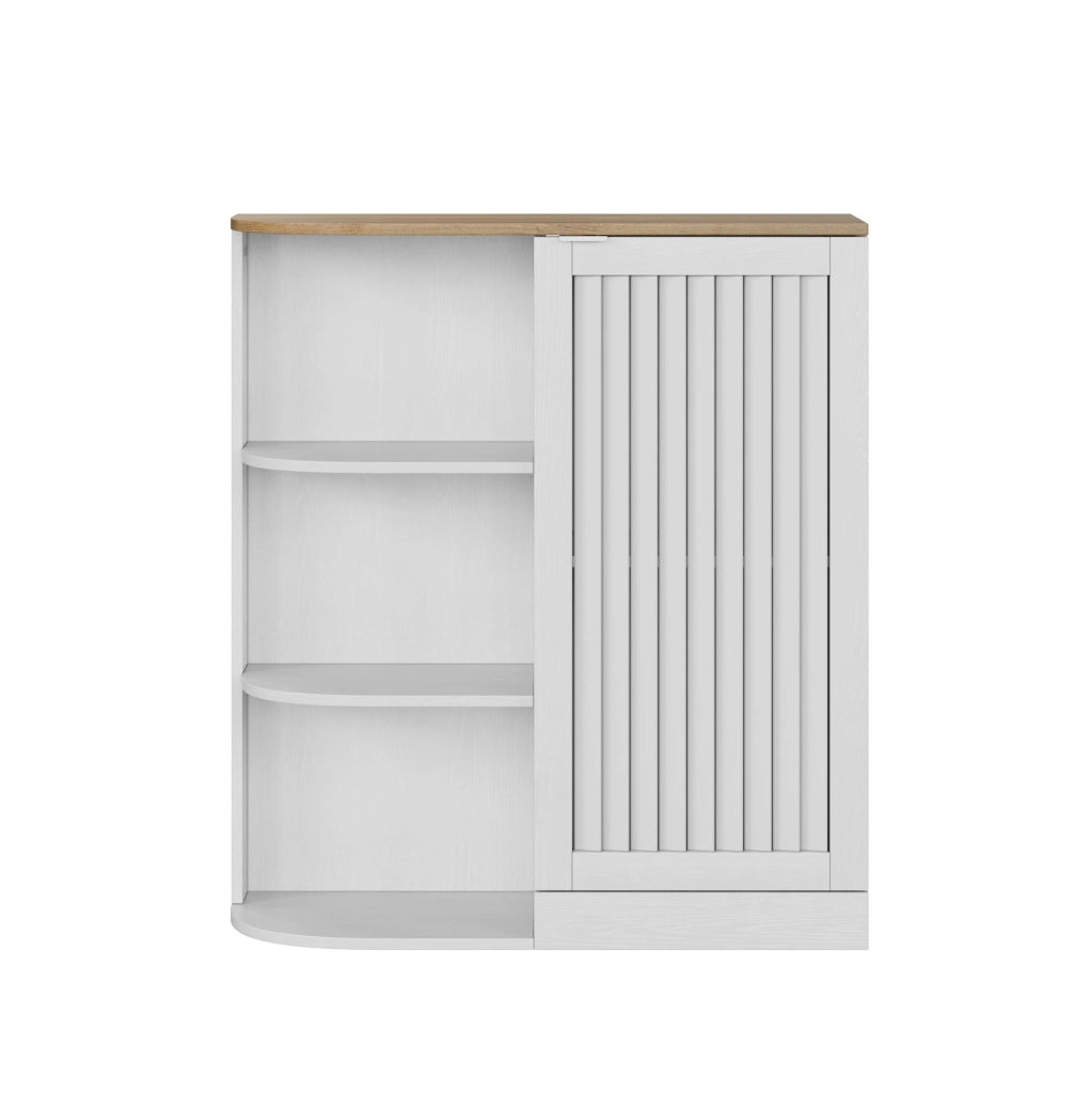Mobile angolare salvaspazio con ripiani aperti e vani chiusi, bianco effetto rovere, in MDF