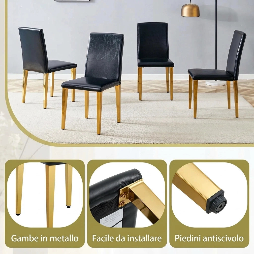 Set di 4 sedie da pranzo 41x47x90 cm; ecopelle nera e metallo oro